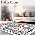 Gray Red Floral Medallion Border Rug