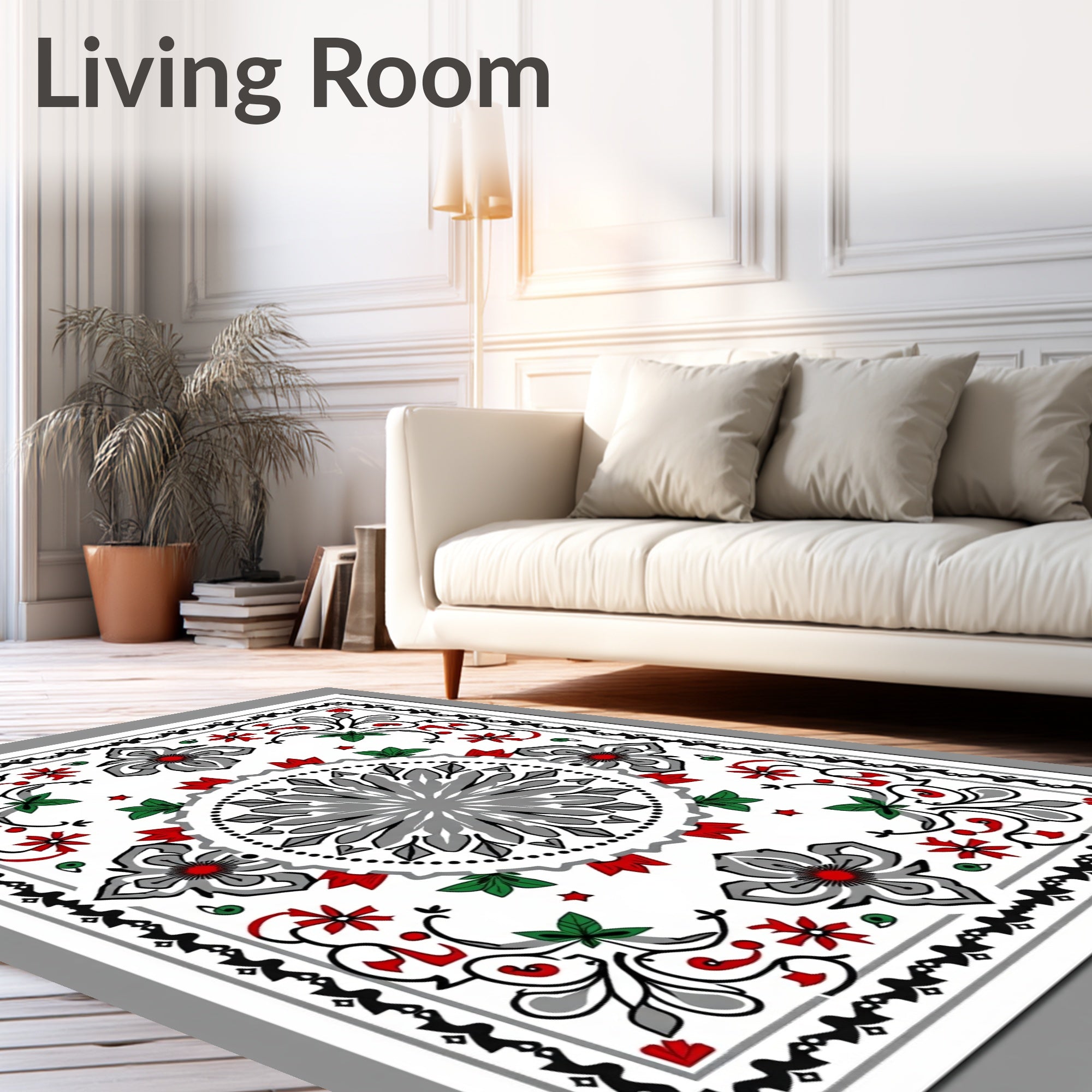 Gray Red Floral Medallion Border Rug