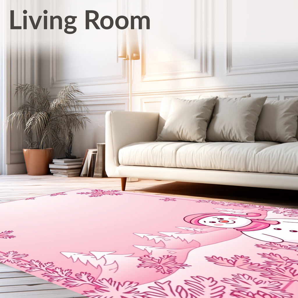 Winter Pink Snowman Forest Scene Rug