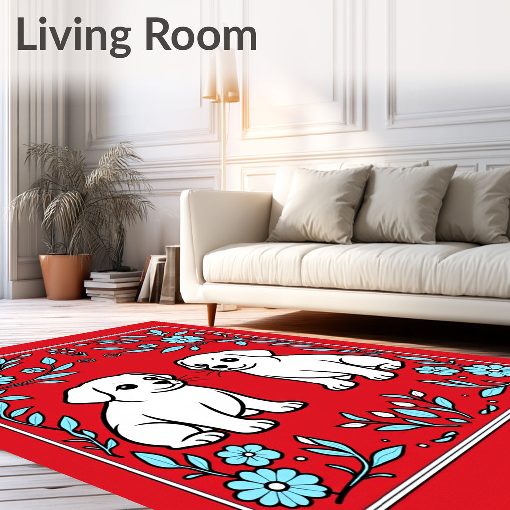 Red Blue Floral Twin Puppy Rug