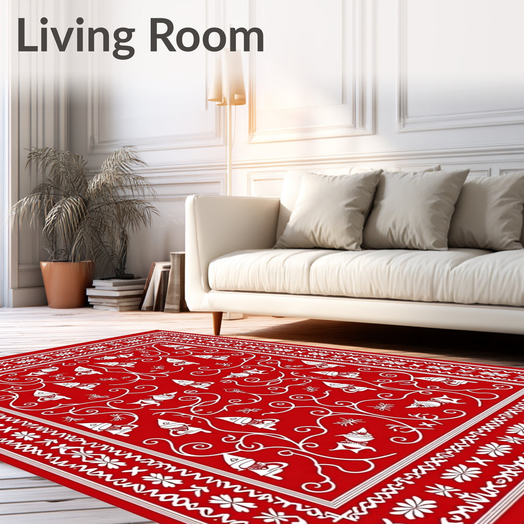 Folk Art Red White Whimsical Figures Rug