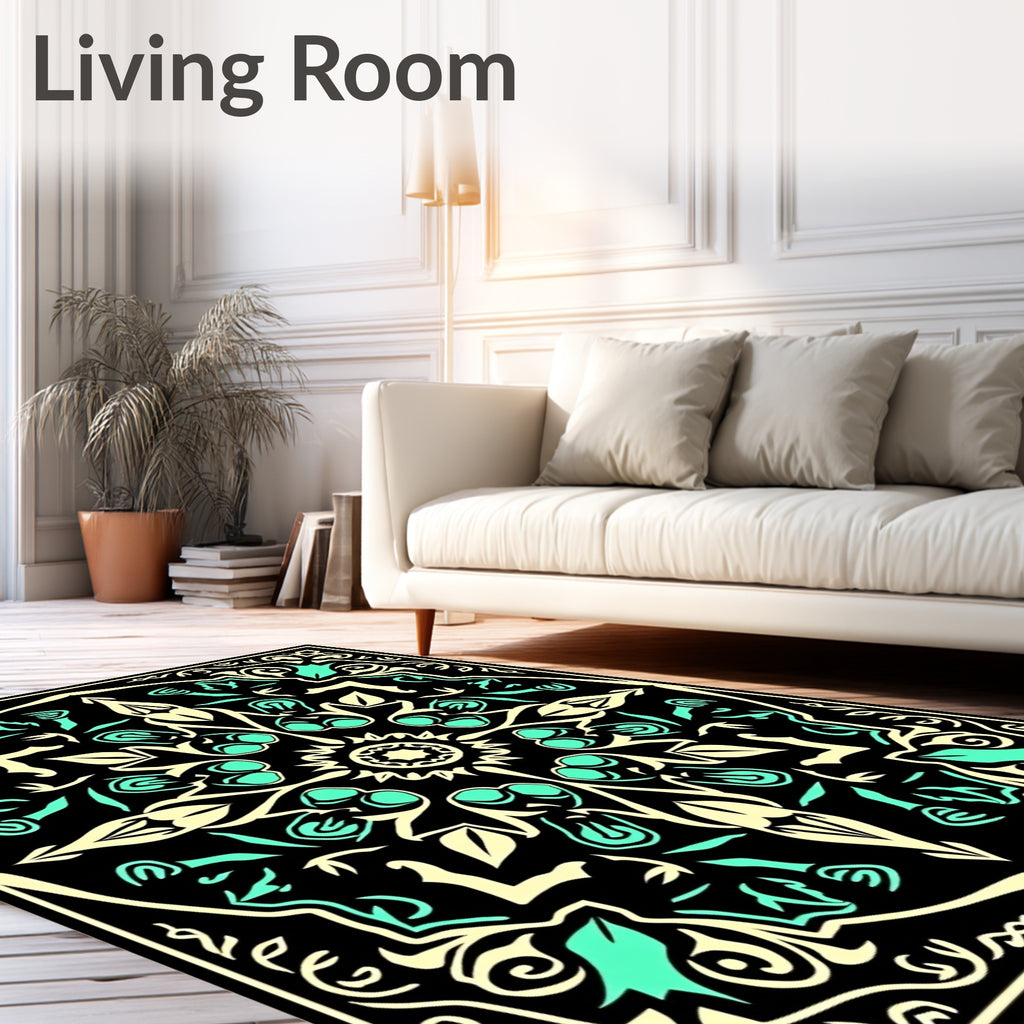 Black Cream Aqua Floral Medallion Rug