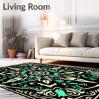 Black Cream Aqua Floral Medallion Rug