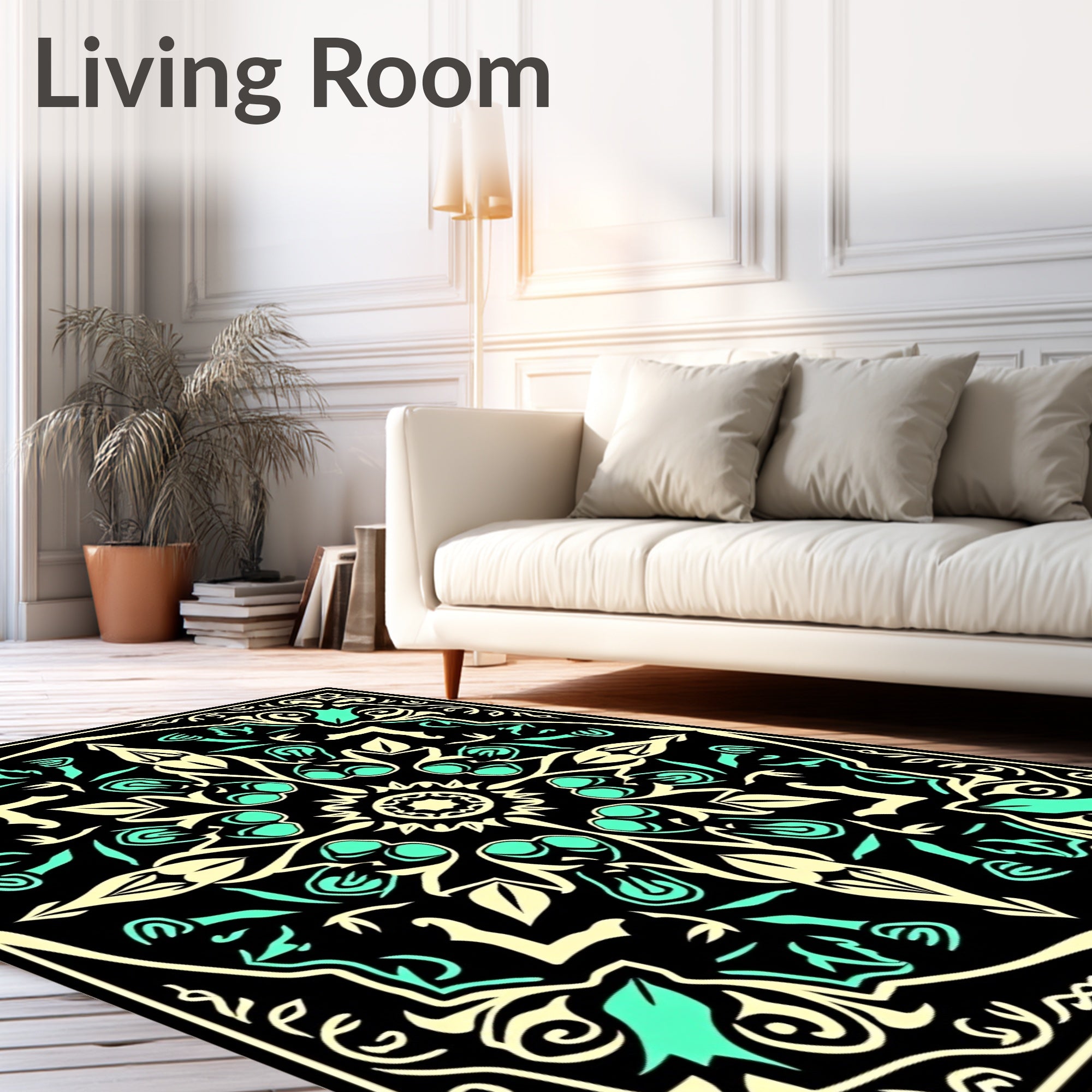 Black Cream Aqua Floral Medallion Rug