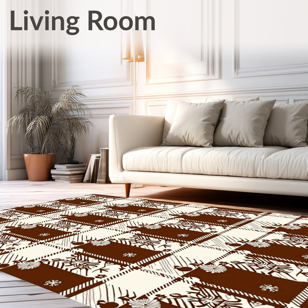 Chocolate Brown Ivory Plaid Floral Motif Rug