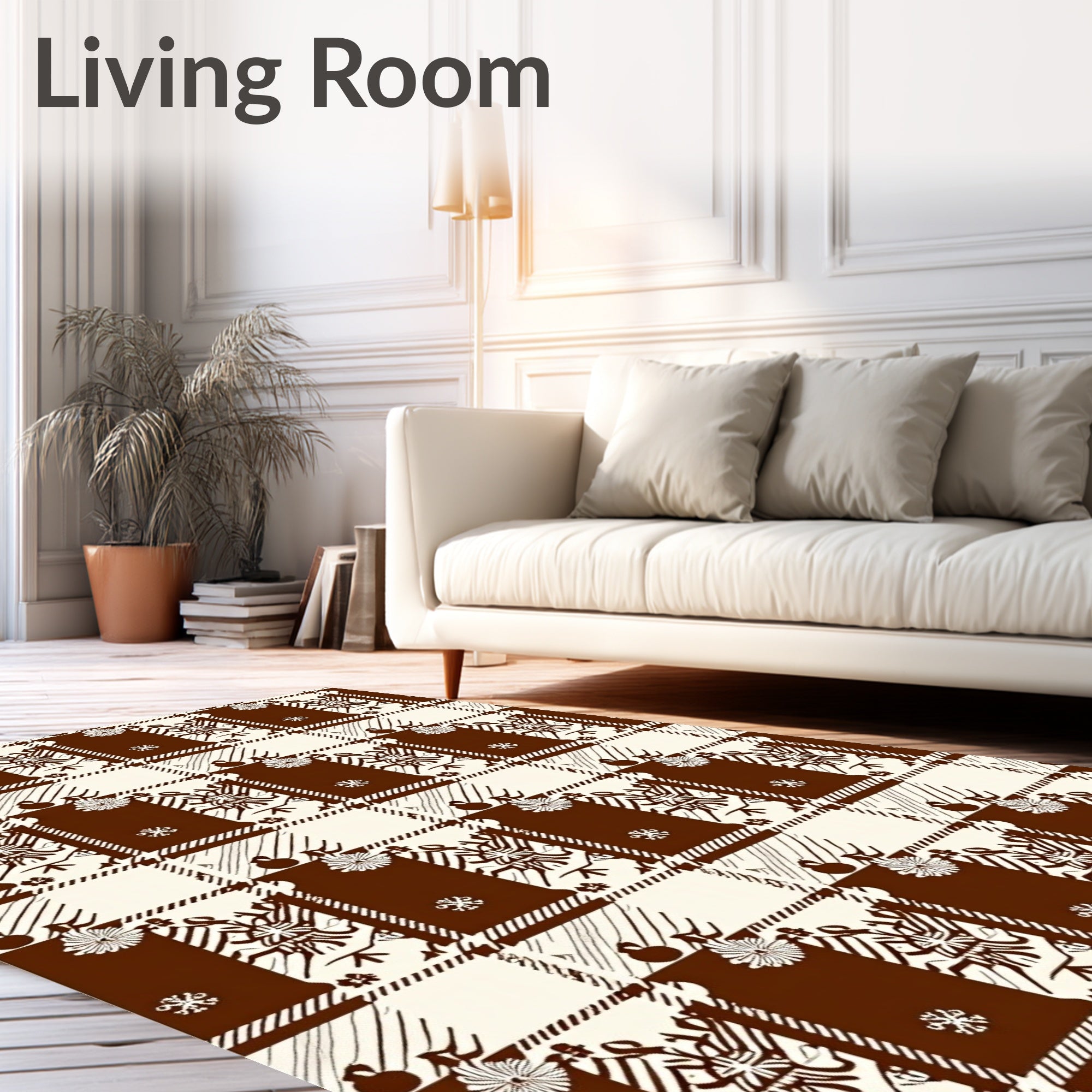 Chocolate Brown Ivory Plaid Floral Motif Rug