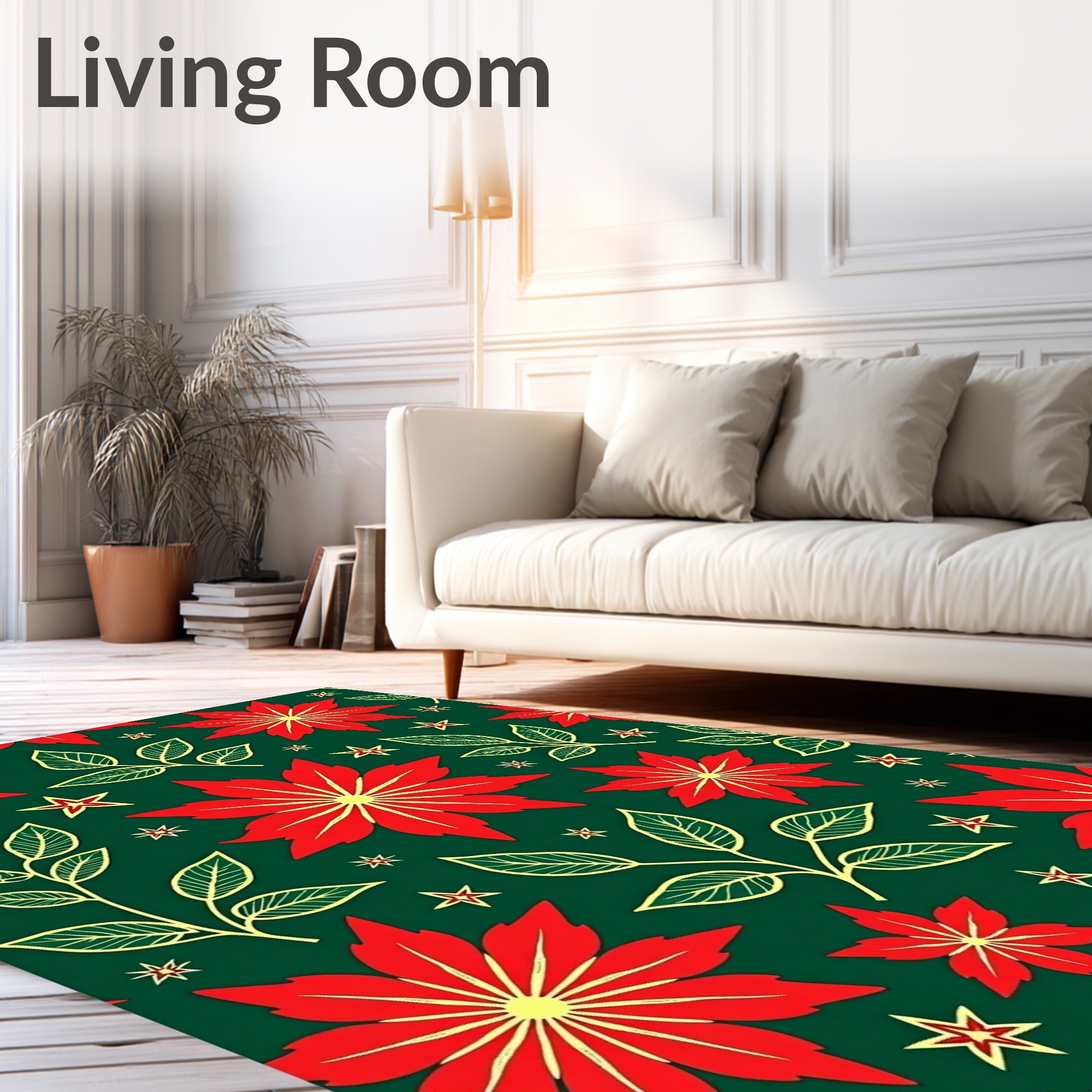 Festive Red Poinsettia Floral Vine Rug