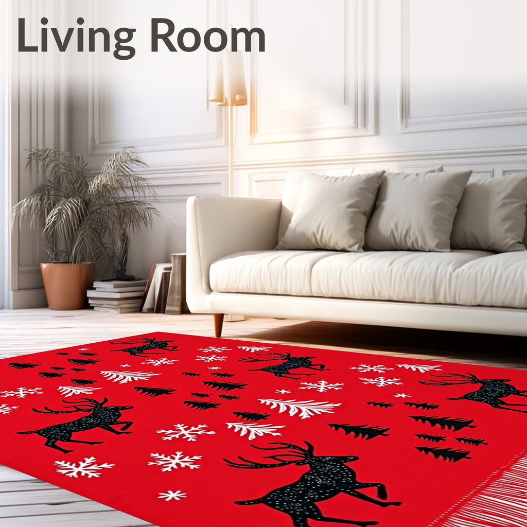 Crimson Reindeer Snowflake Forest Scene Rug