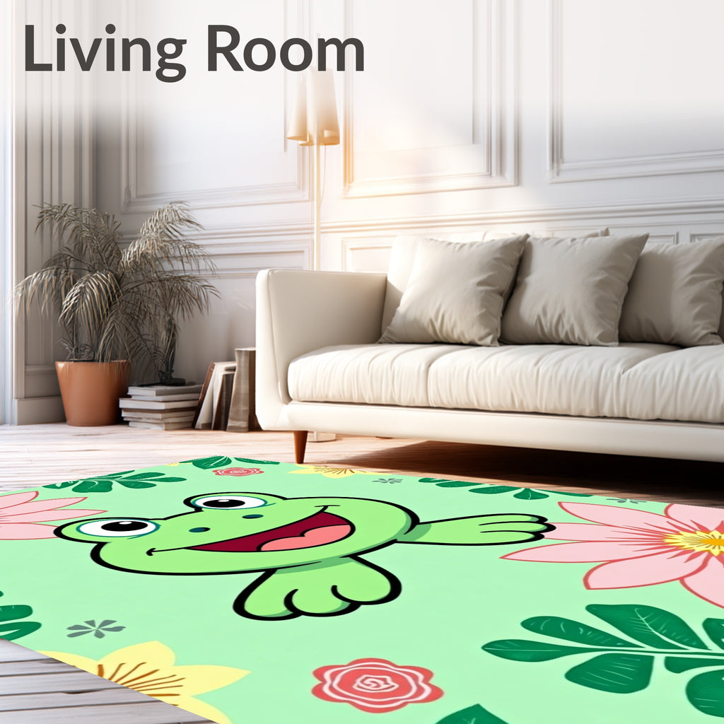 Whimsical Green Frog Floral Garden Rug