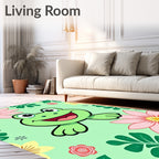 Whimsical Green Frog Floral Garden Rug