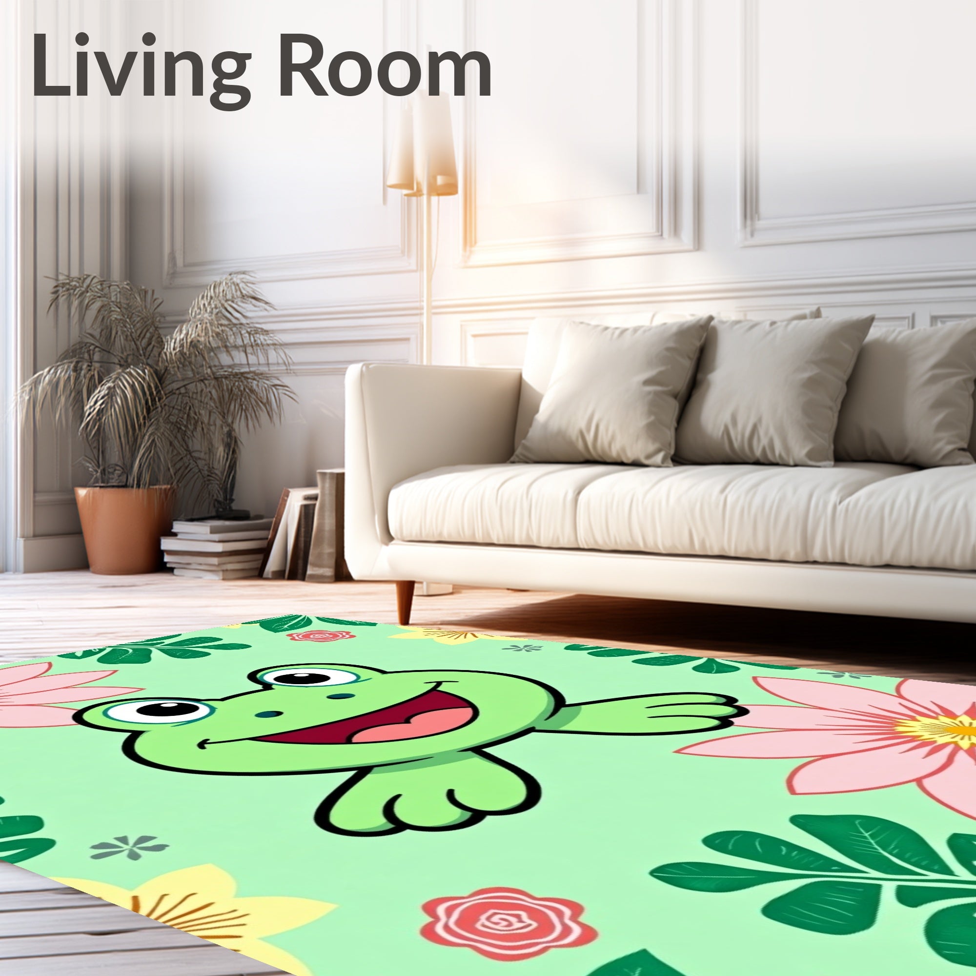 Whimsical Green Frog Floral Garden Rug