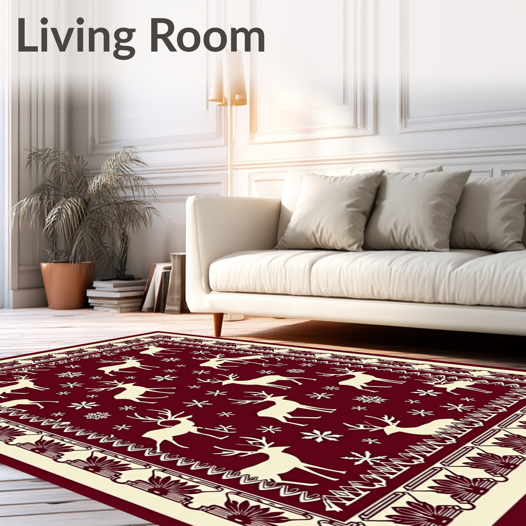 Deep Red Reindeer Snowflake Border Rug