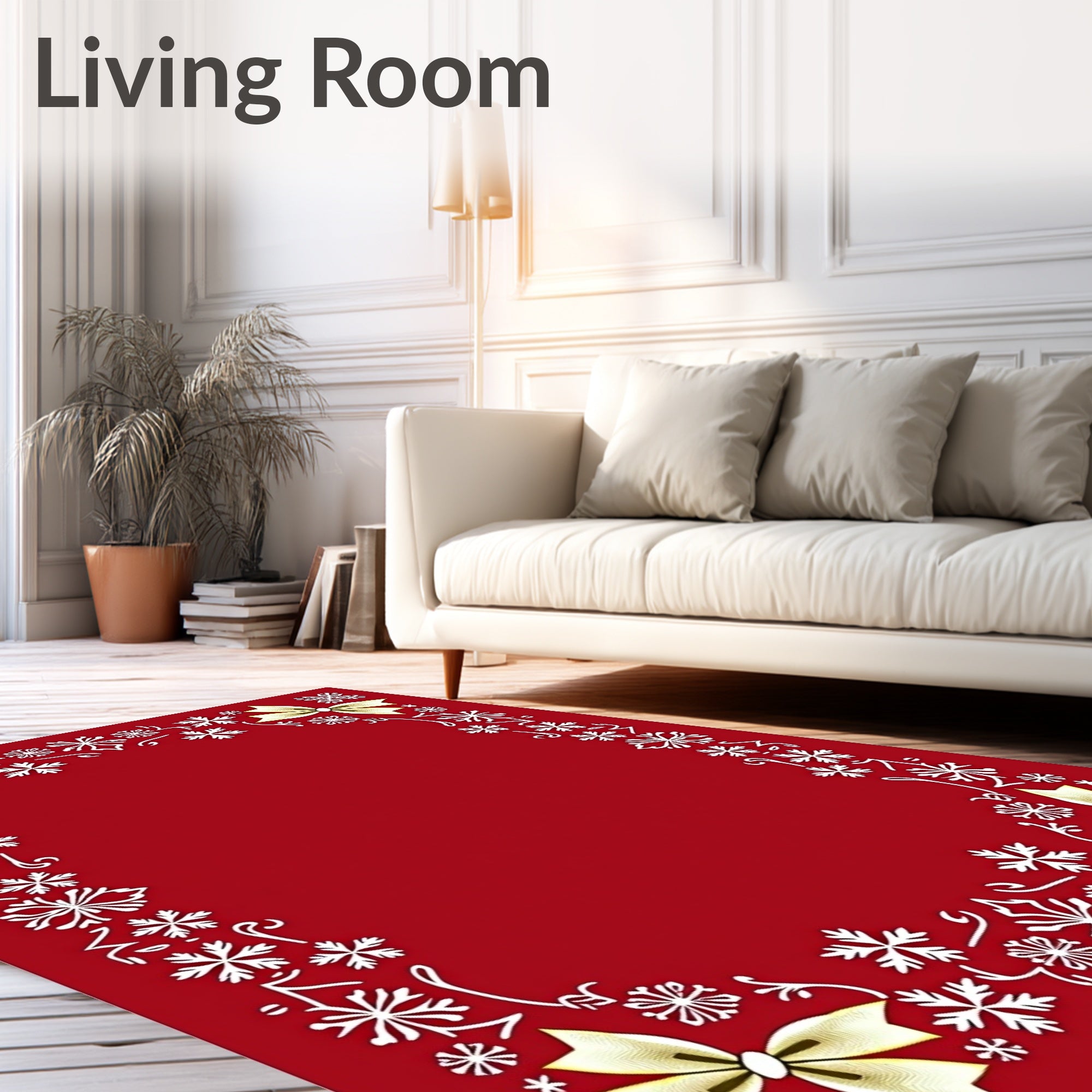 Crimson and Gold Snowflake Bow Frame Rug