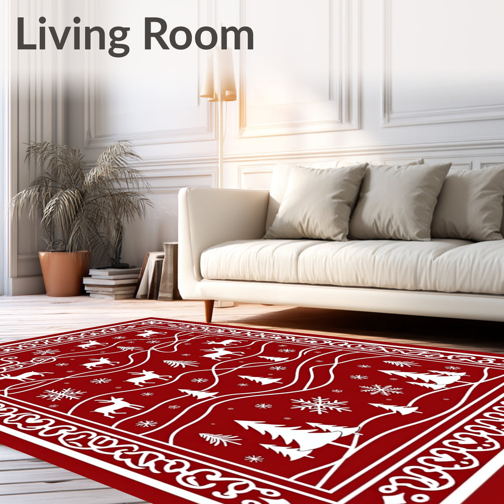 Crimson Sleigh Deer Forest Snowflakes Rug