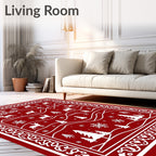 Crimson Sleigh Deer Forest Snowflakes Rug
