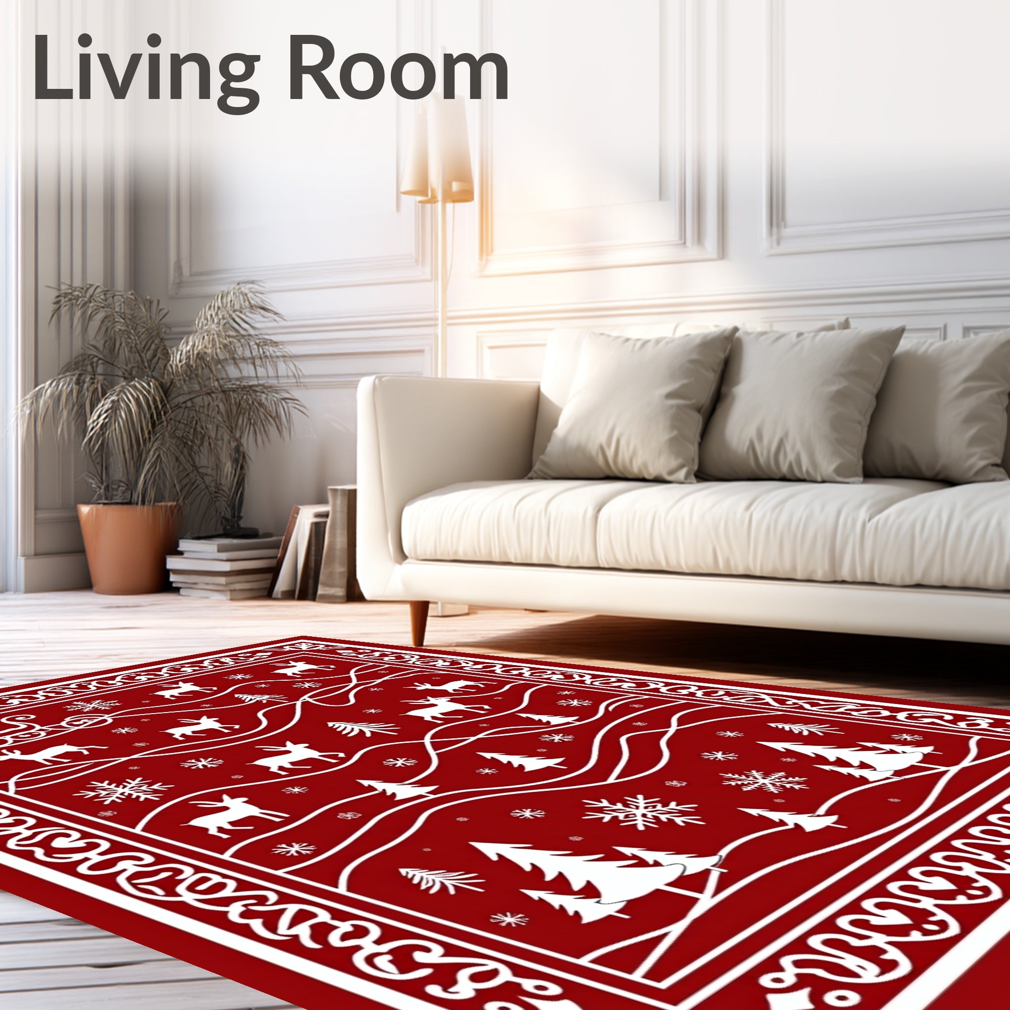 Crimson Sleigh Deer Forest Snowflakes Rug
