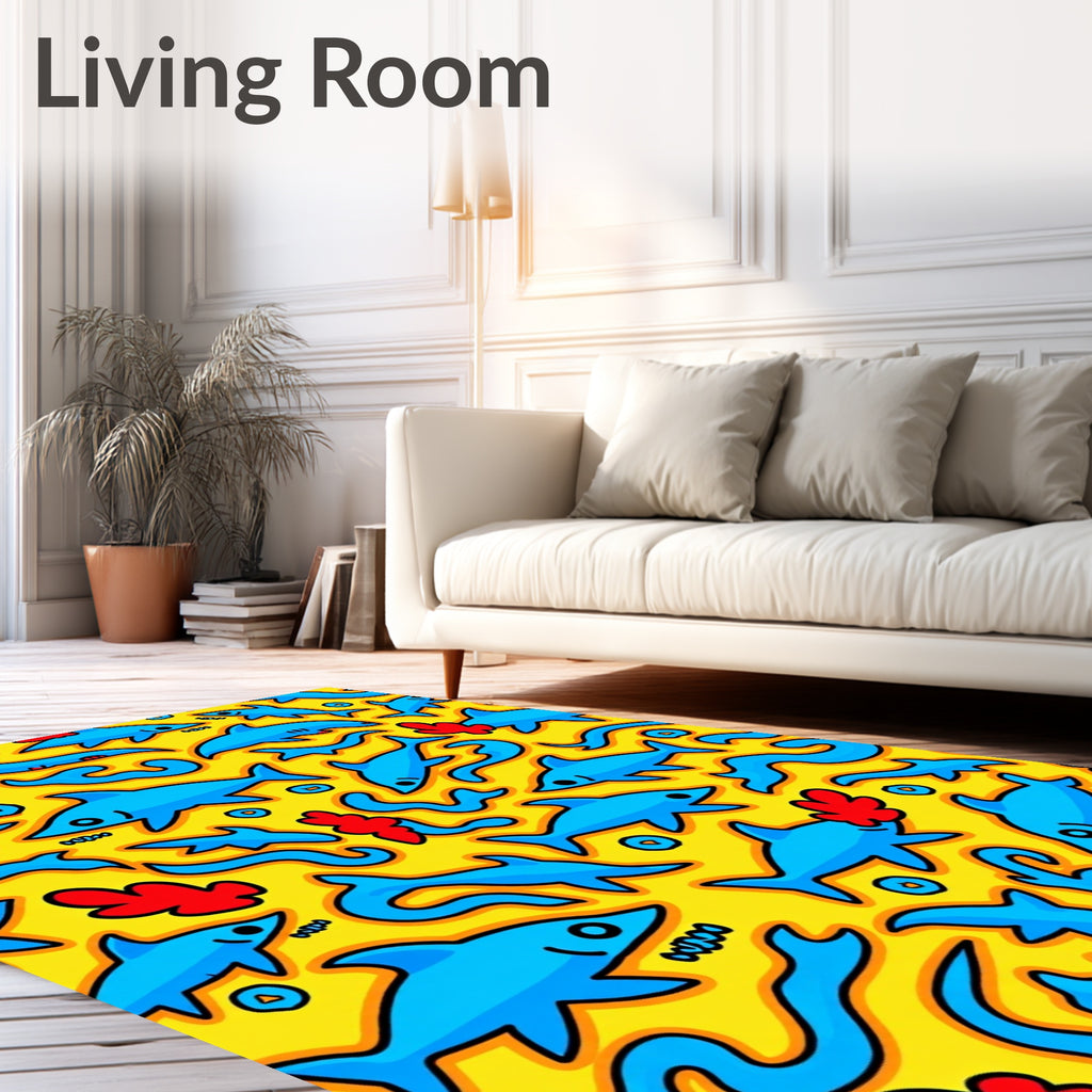 Yellow Blue Shark Whimsical Ocean Life Rug