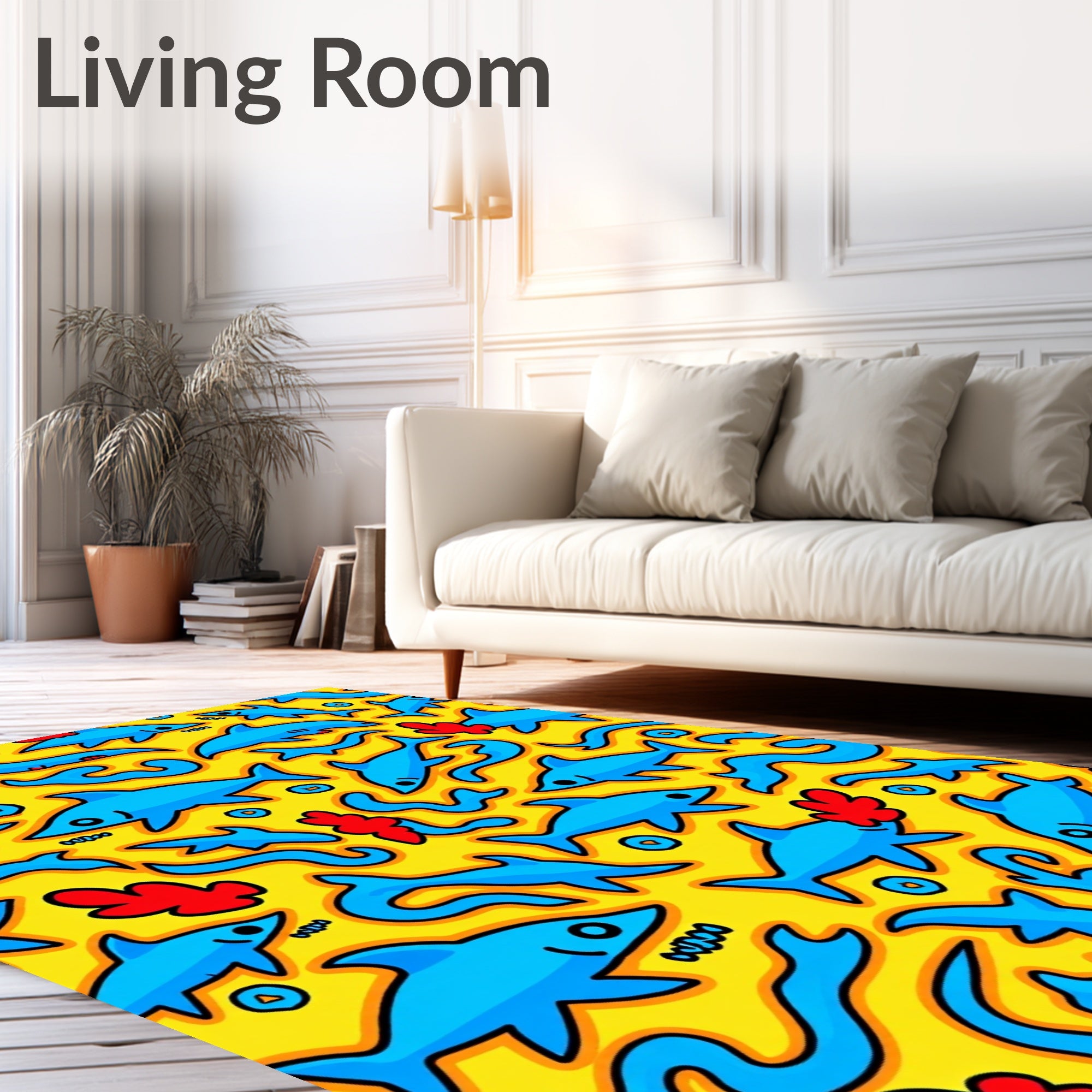 Yellow Blue Shark Whimsical Ocean Life Rug
