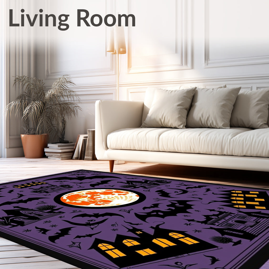 Halloween Purple Bat Moon Houses Rug