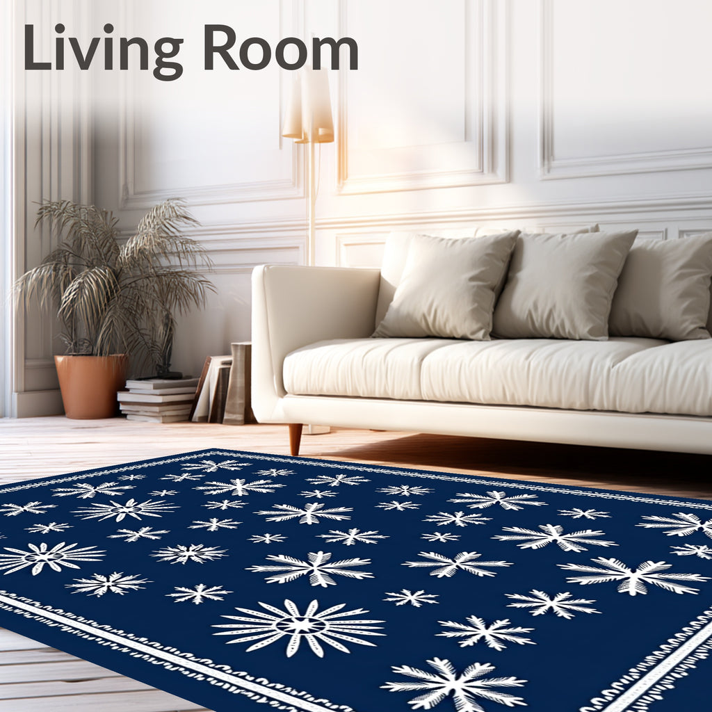 White Snowflake Navy Blue All Over Rug