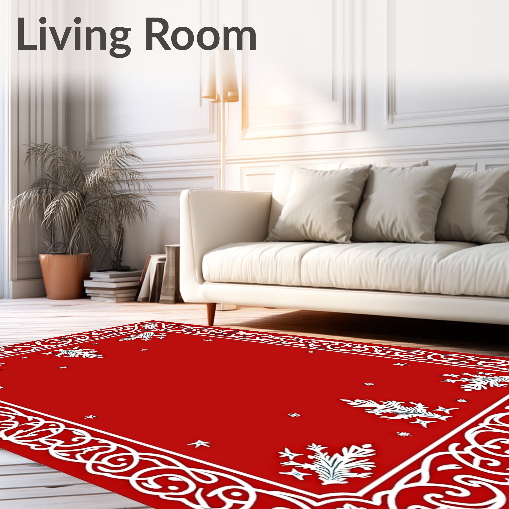 Red White Ornate Floral Border Rug