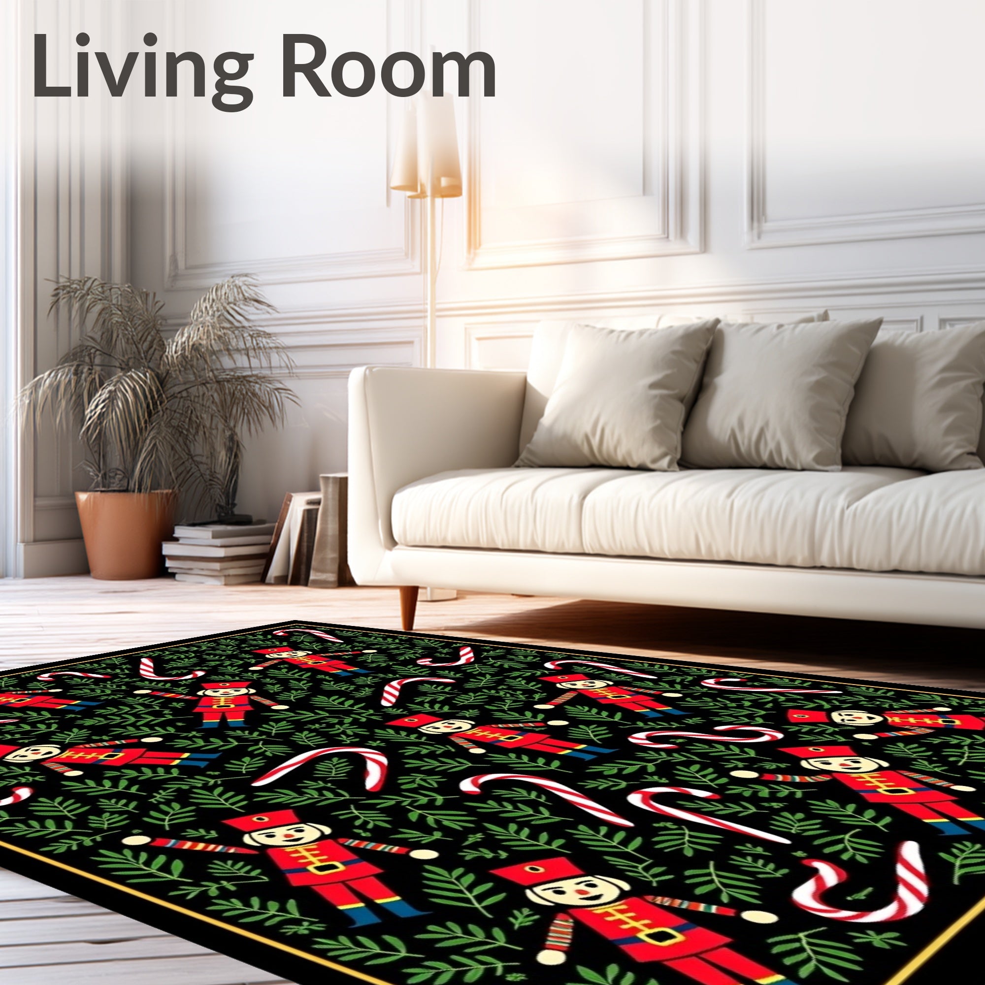 Festive Red Nutcrackers Candy Canes Greenery Rug