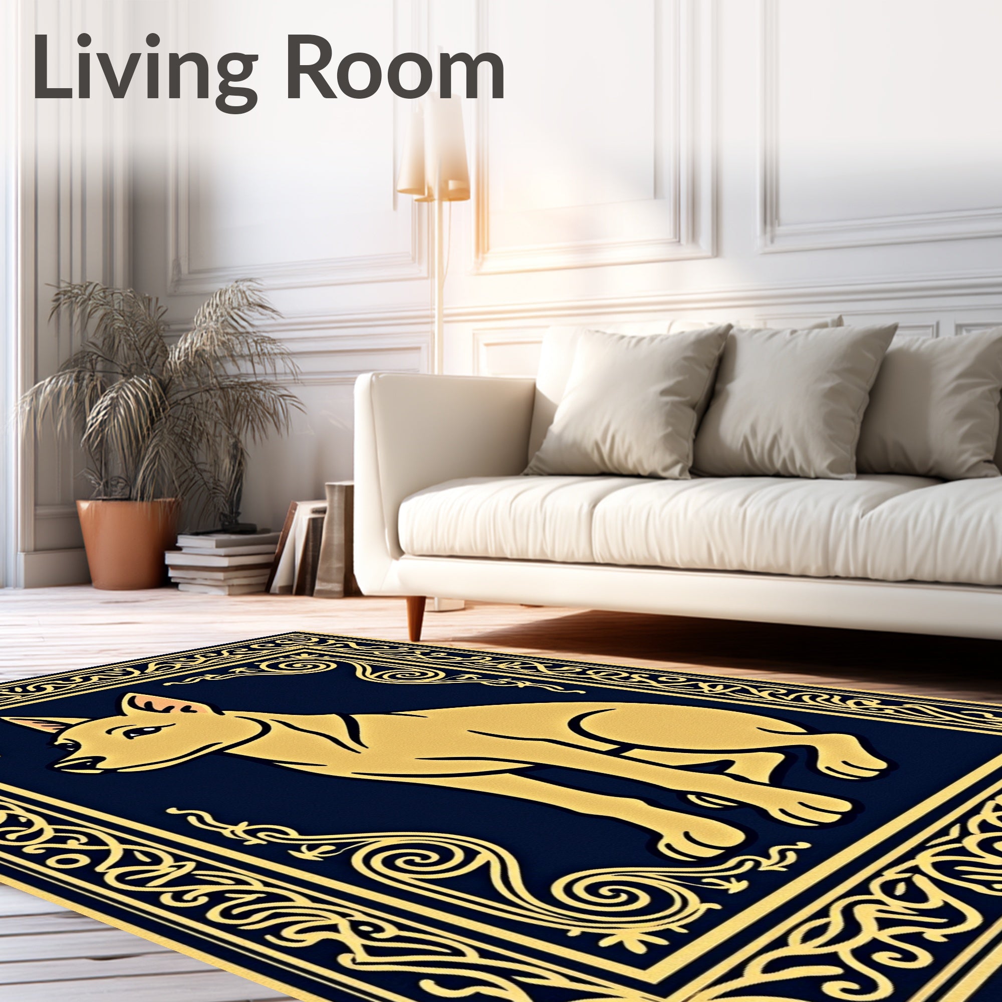 Golden Dog Portrait Navy Ornate Rug
