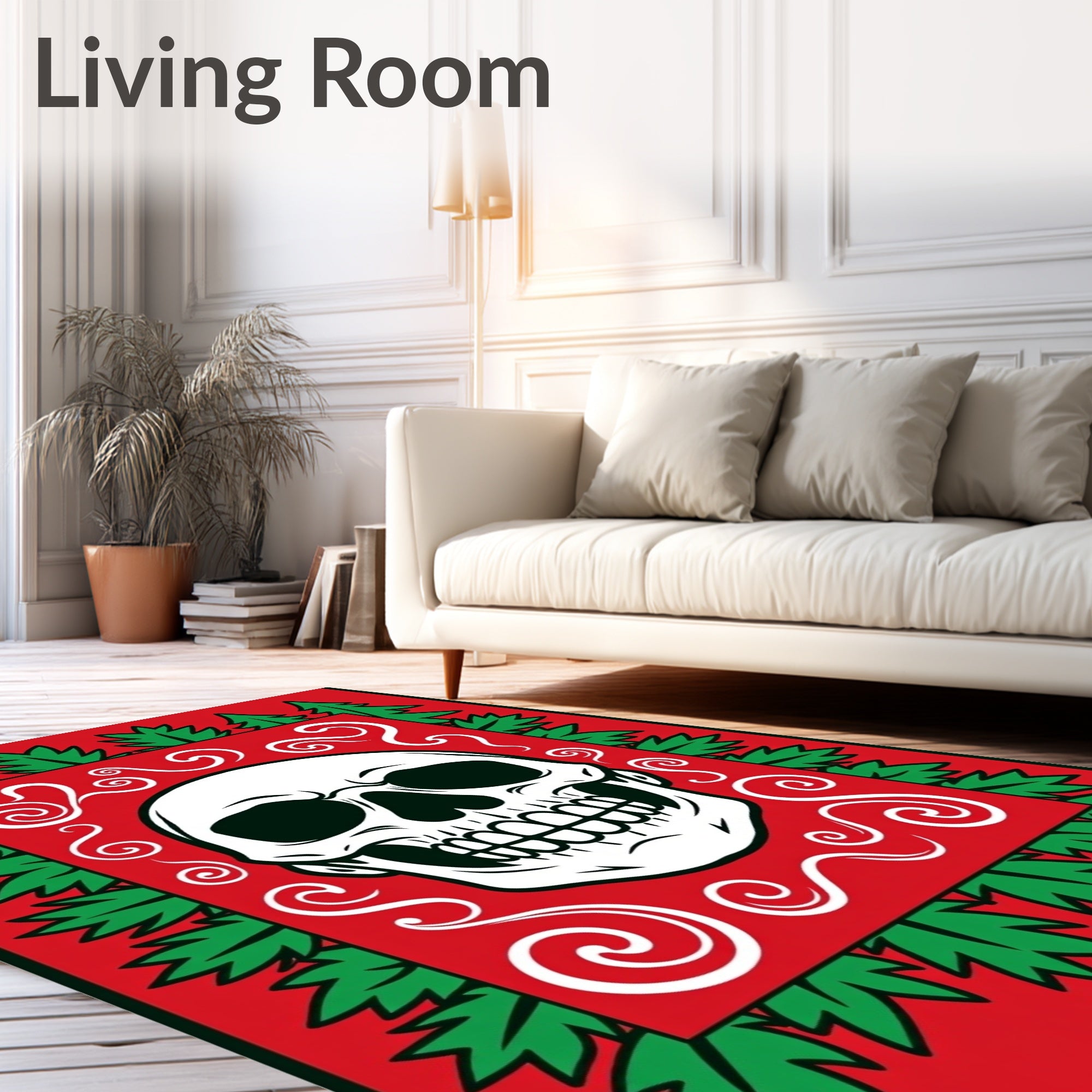 Vibrant Red Skull Foliage Swirl Icon Rug