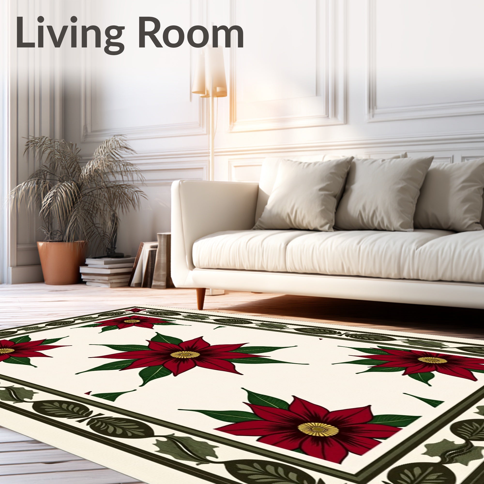 Crimson Poinsettia Floral Border Rug