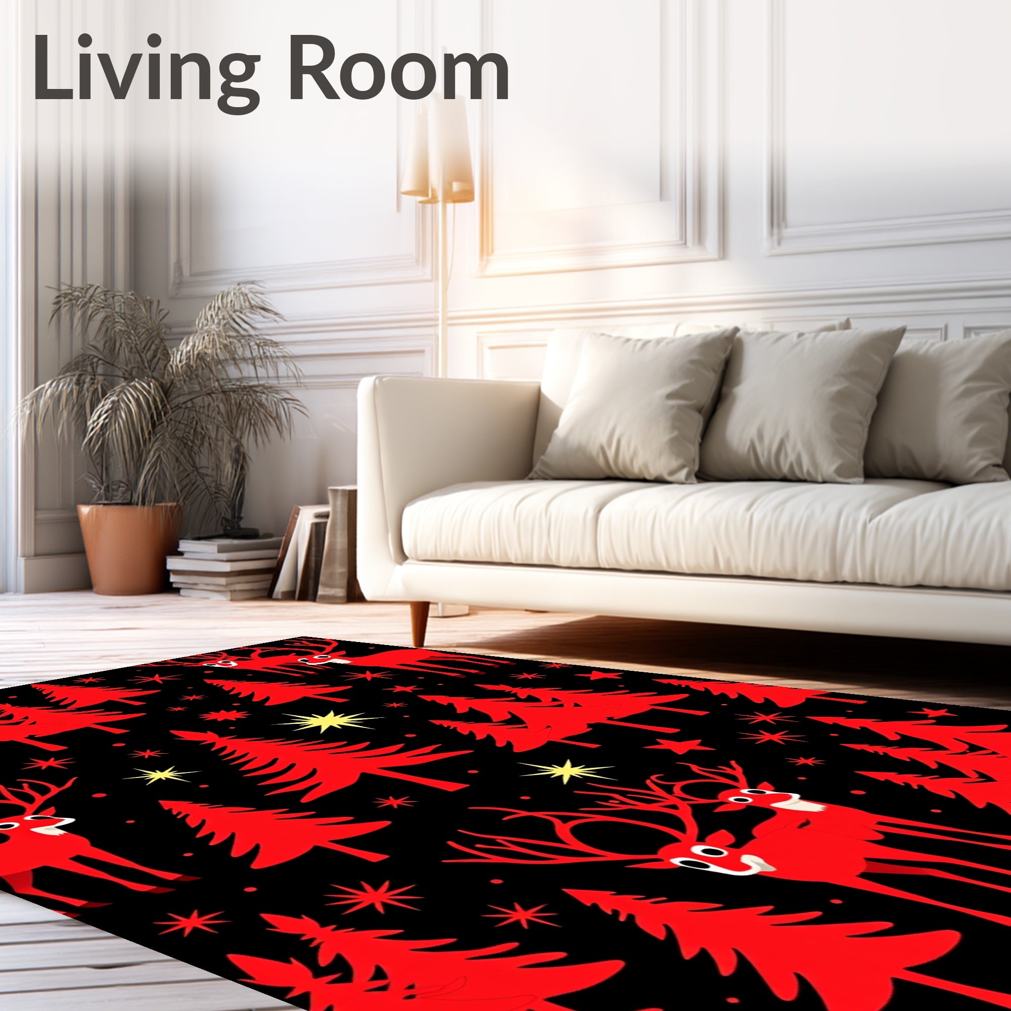 Red Reindeer Forest Night Sky Rug