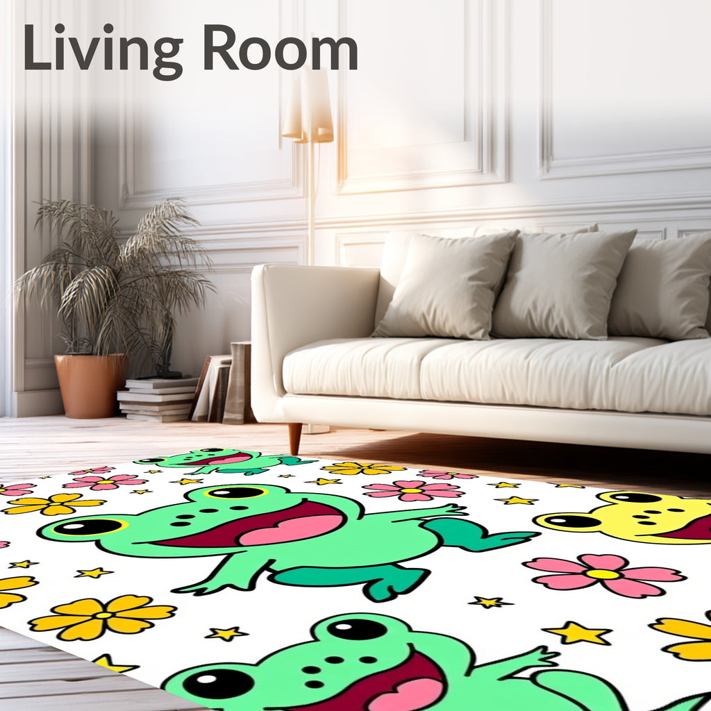 Happy Frogs with Flowers and Stars Rug