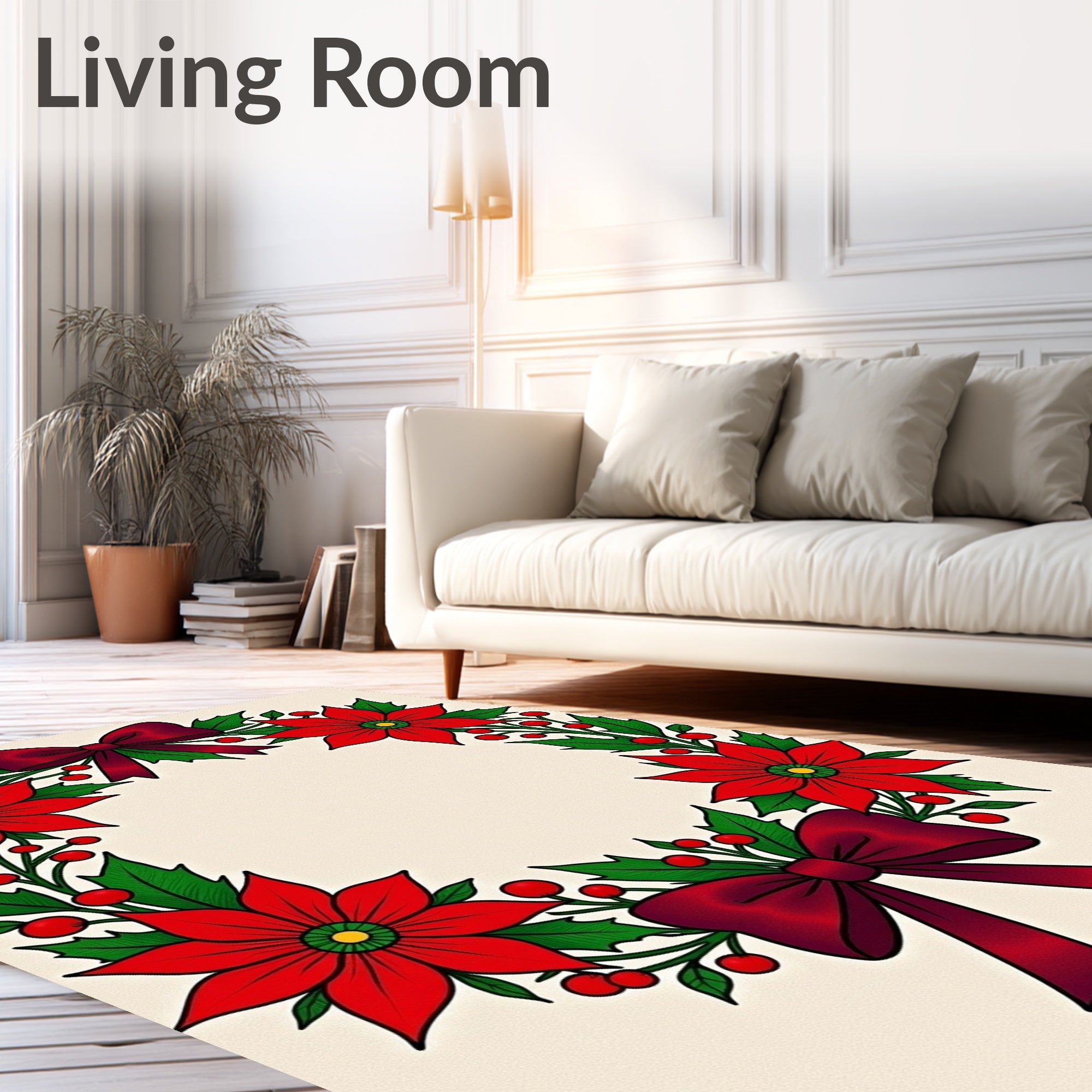 Crimson Poinsettia Holly Berry Festive Wreath Rug