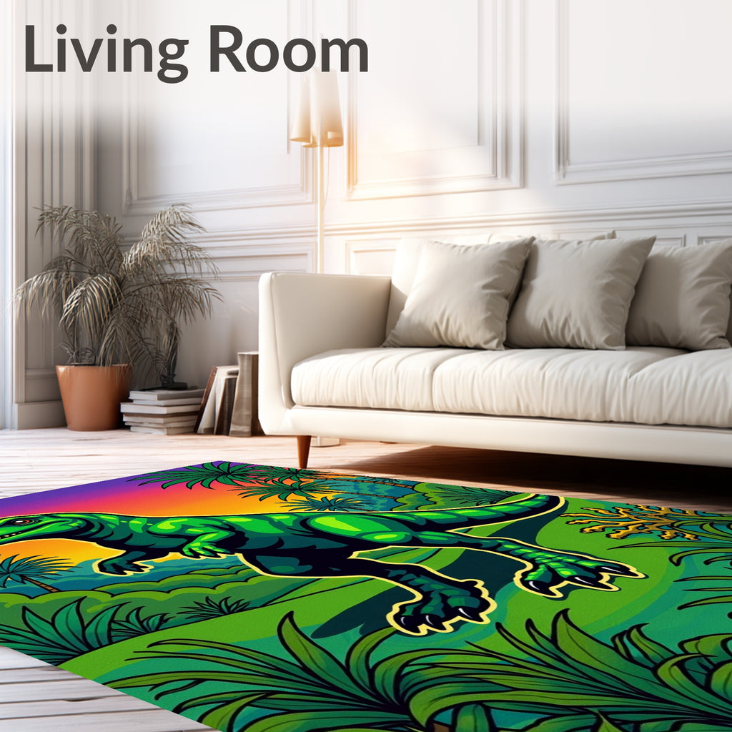 Green Retro Dinosaur Jungle Sunset Rug