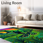 Green Retro Dinosaur Jungle Sunset Rug