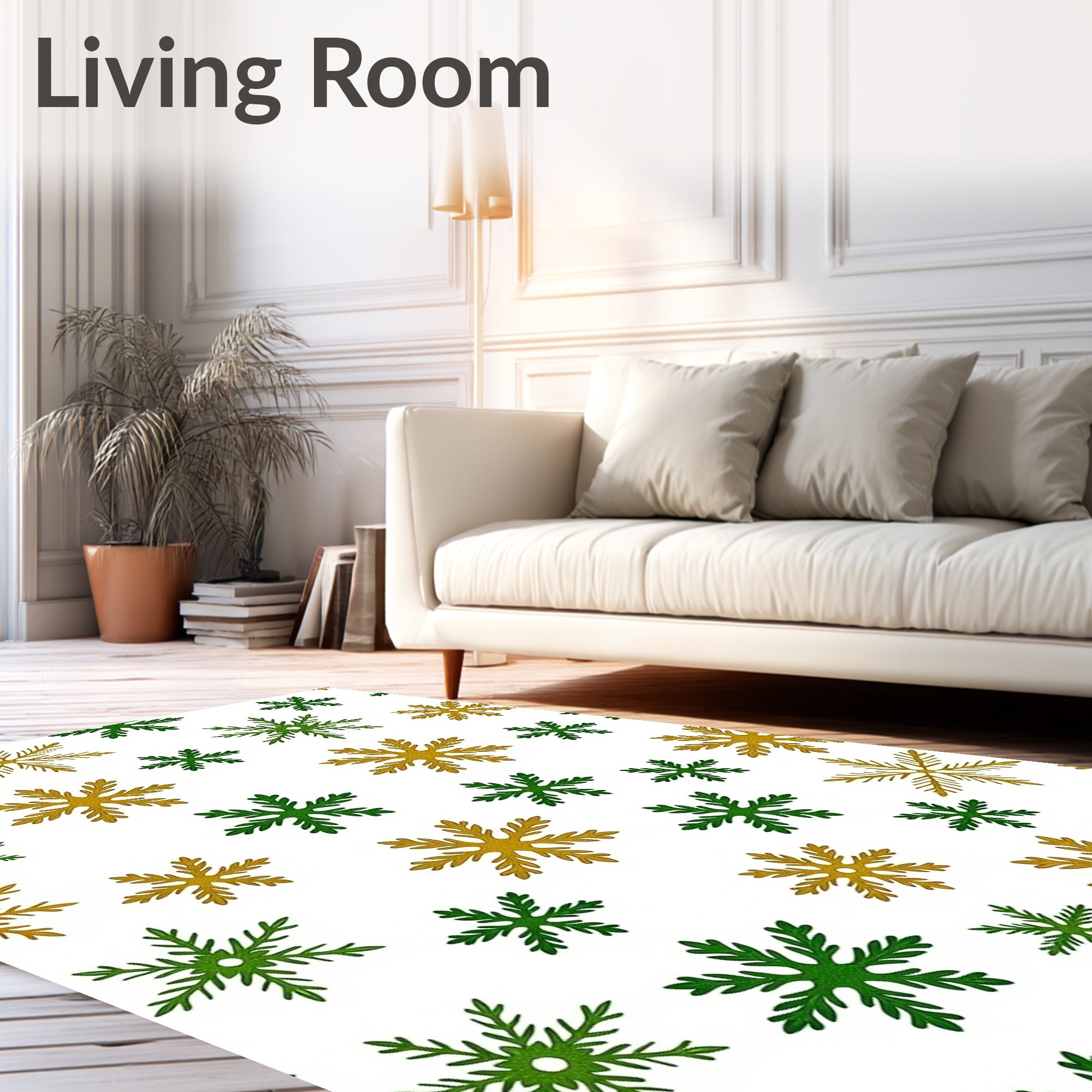 Gold Green Snowflake Snow Fall Rug