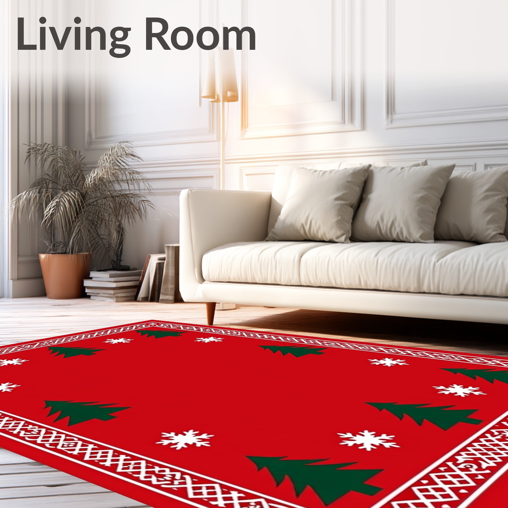 Festive Red Christmas Tree Snowflake Border Rug