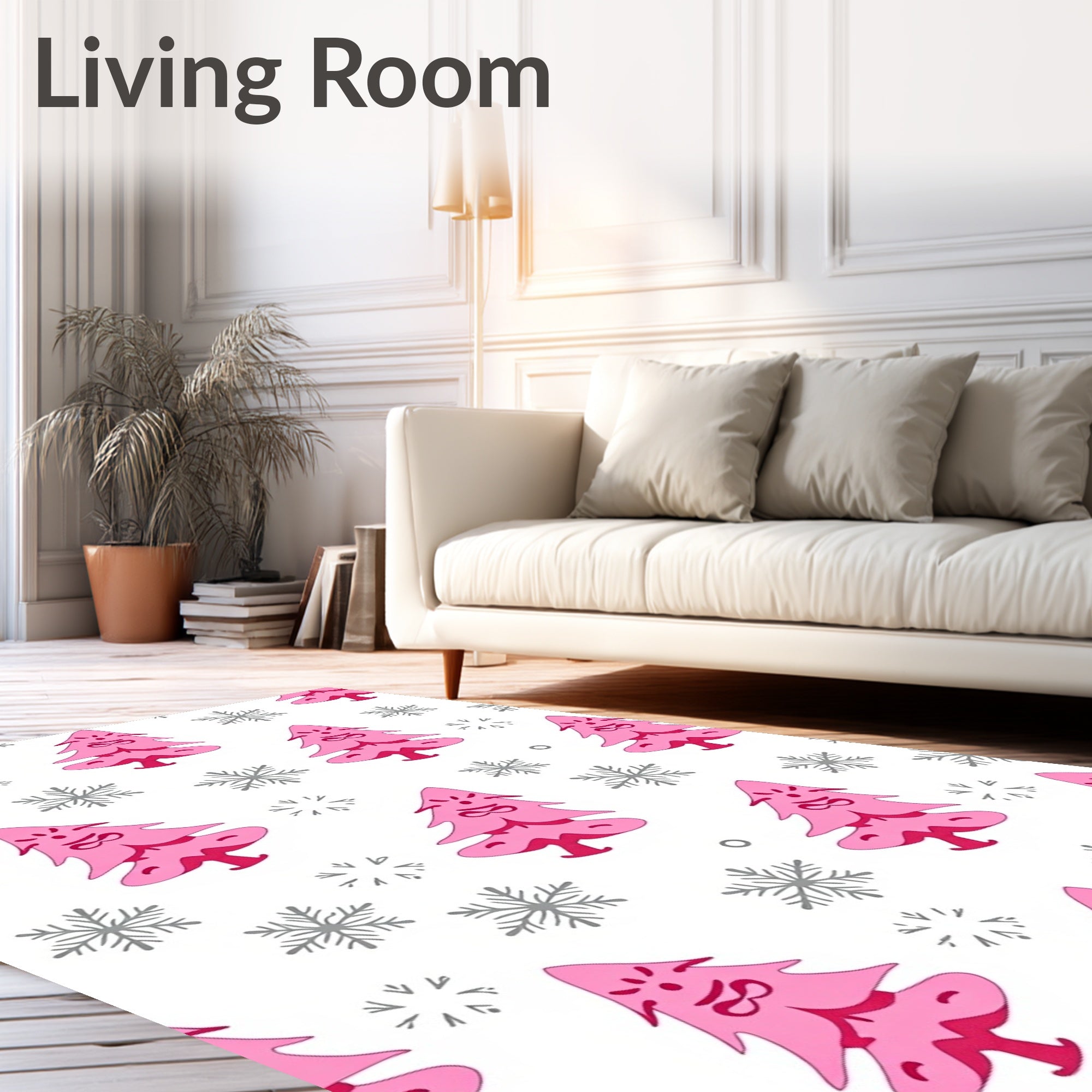 Whimsical Pink Grumpy Trees Snowflakes Rug
