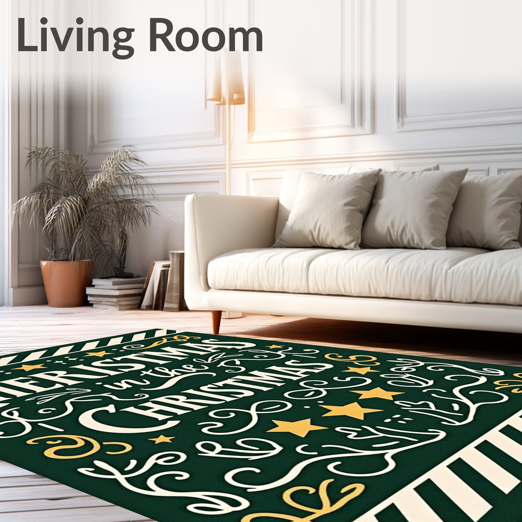Festive Green Christmas Stars Script Rug