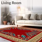 Crimson Red Teal Floral Border Rug