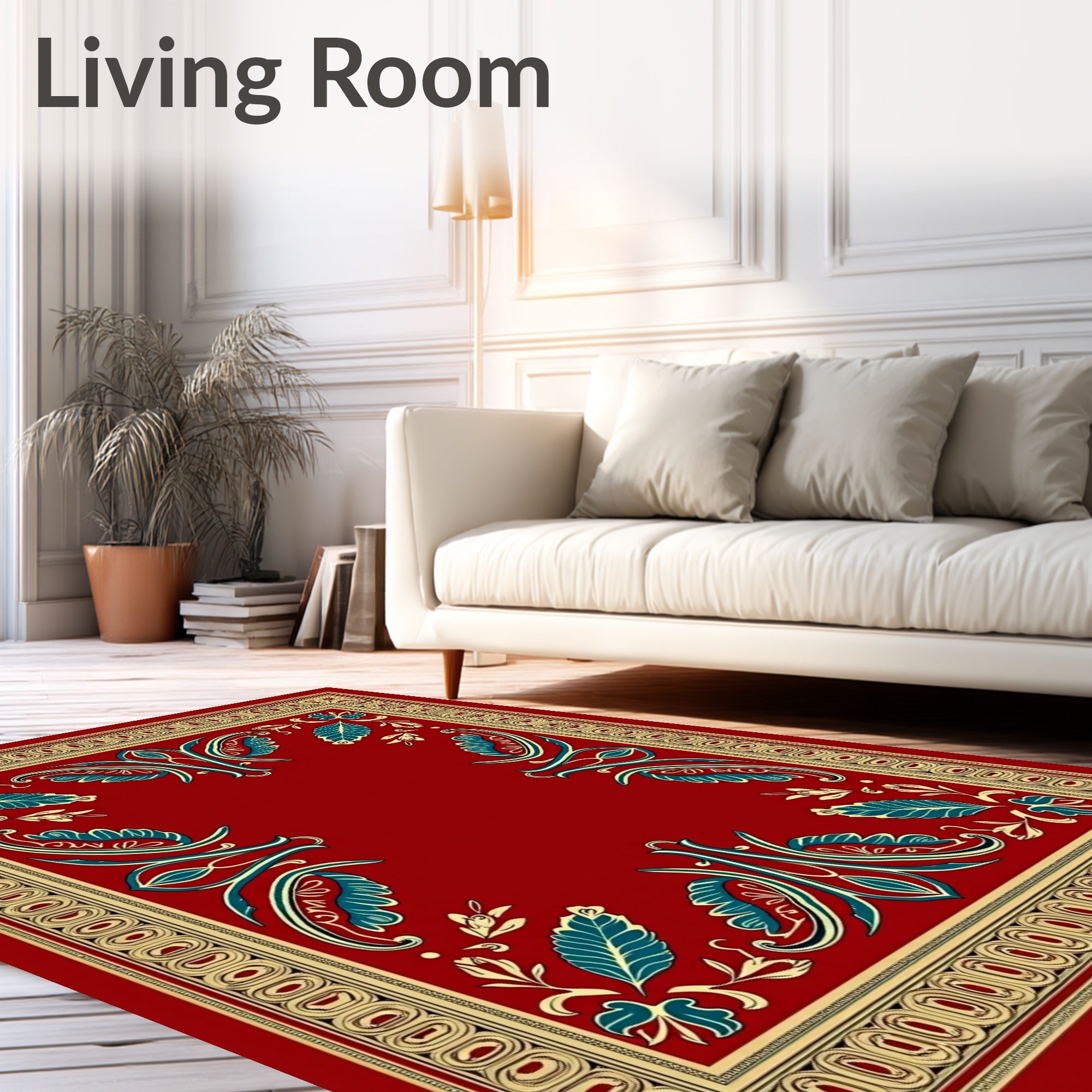 Crimson Red Teal Floral Border Rug