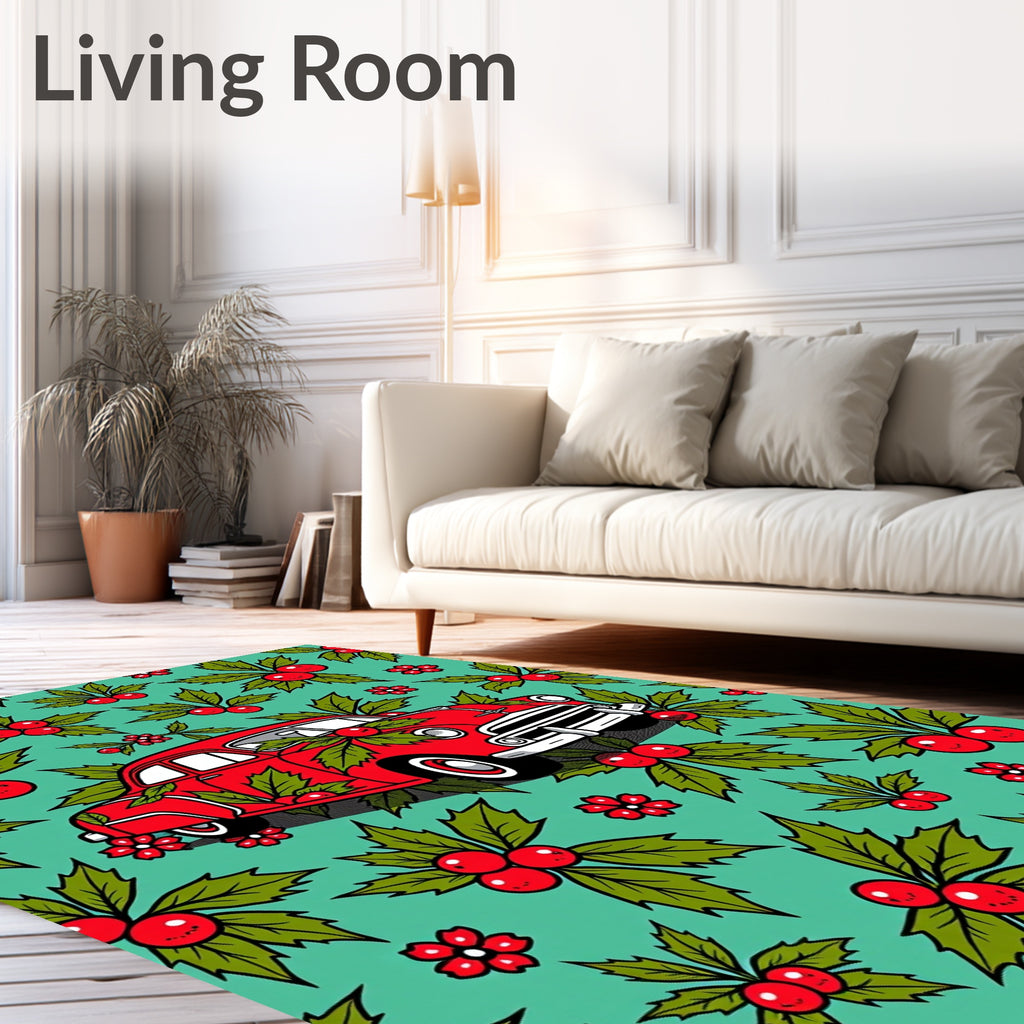 Red Vintage Car Festive Holly Rug