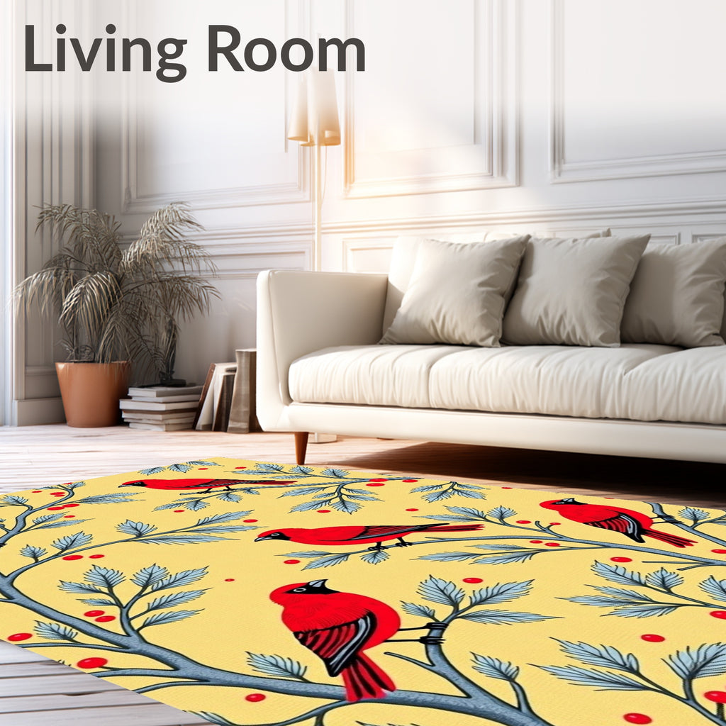 Red Birds Yellow Branch Berry Arrangement Rug