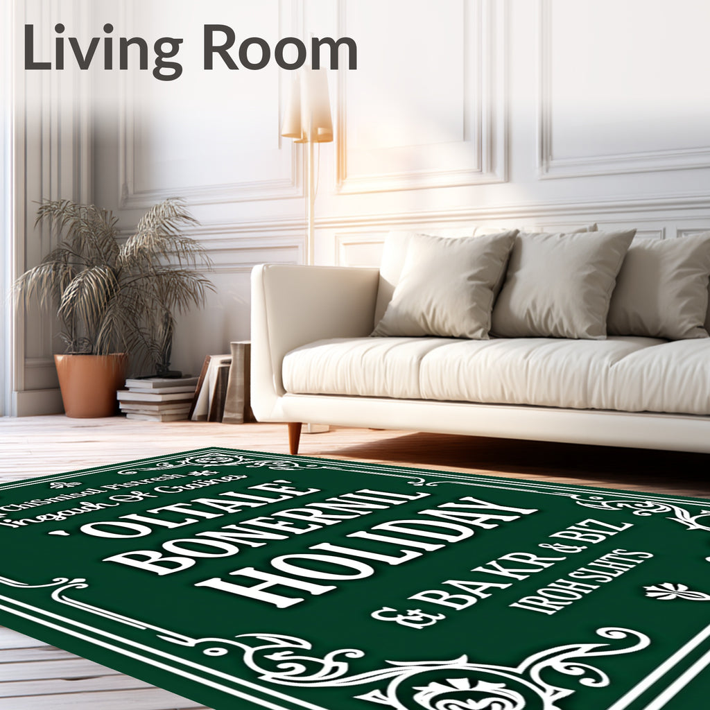 Dark Green Ornate Calligraphy Holiday Rug