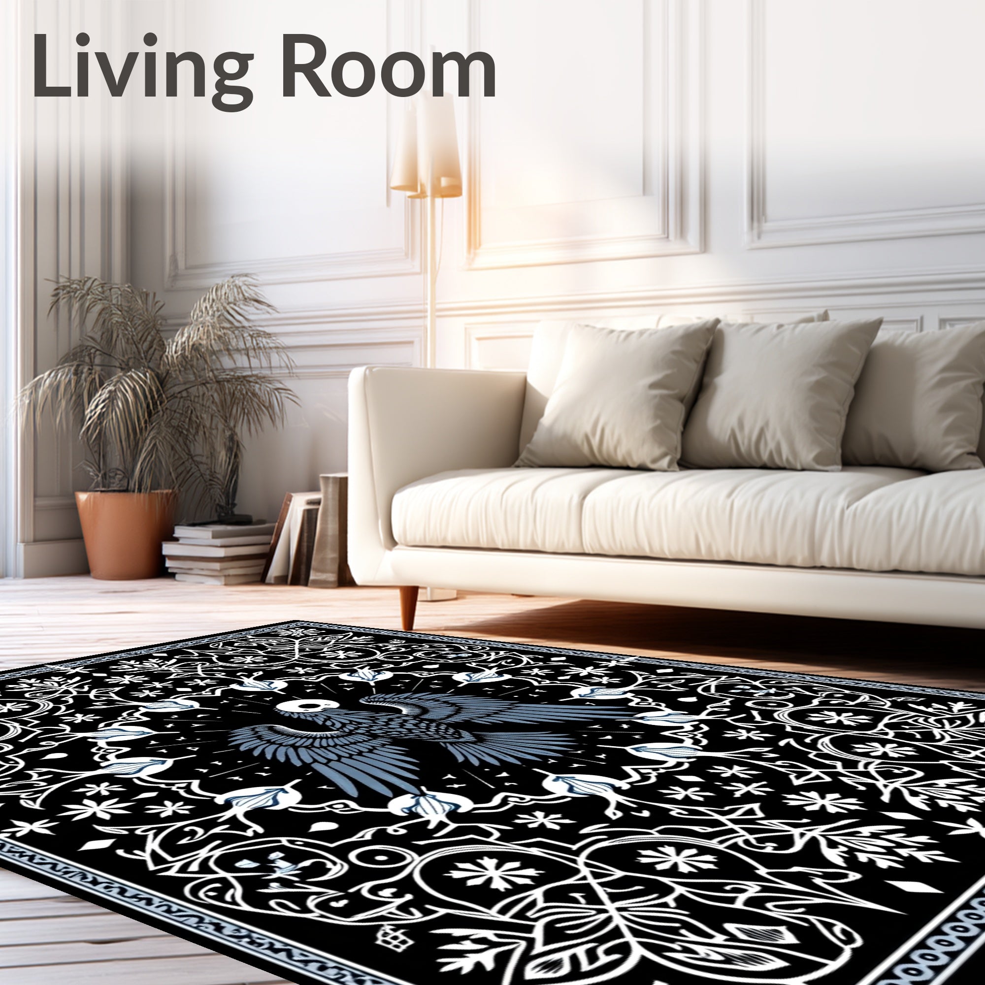 Mysterious Black Bird Floral Scroll Rug