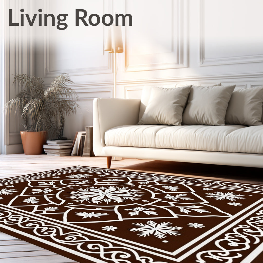 Elegant White Floral Medallion Brown Rug