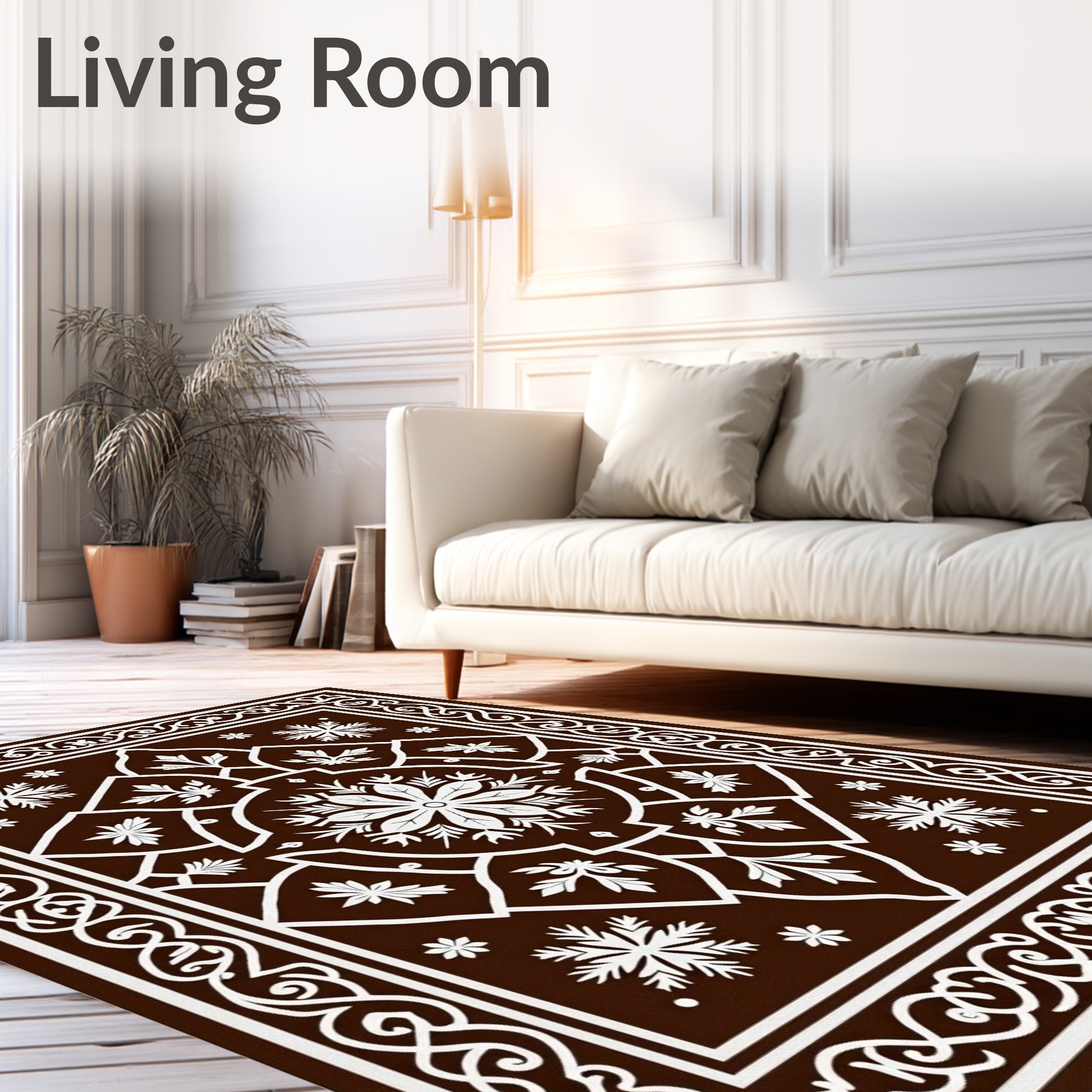 Elegant White Floral Medallion Brown Rug