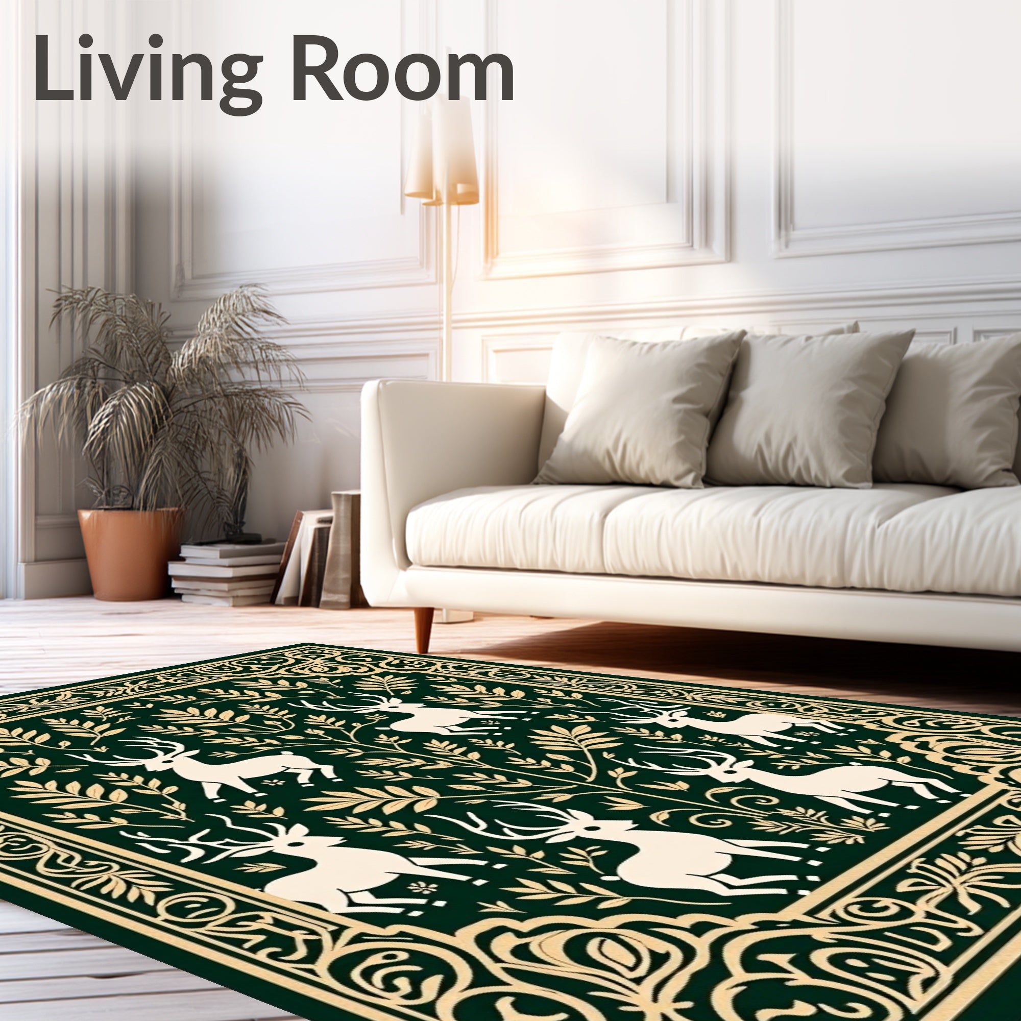 Dark Green Forest Fauna Woodland Medallion Rug