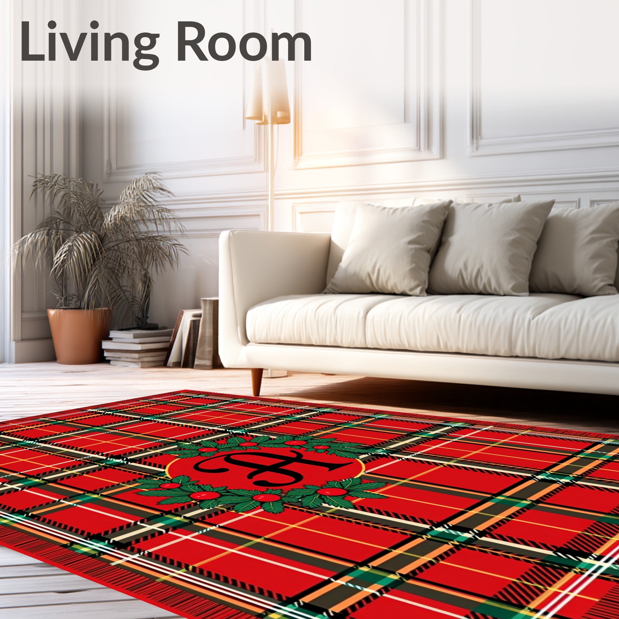 Red Tartan Holly Monogram Rug