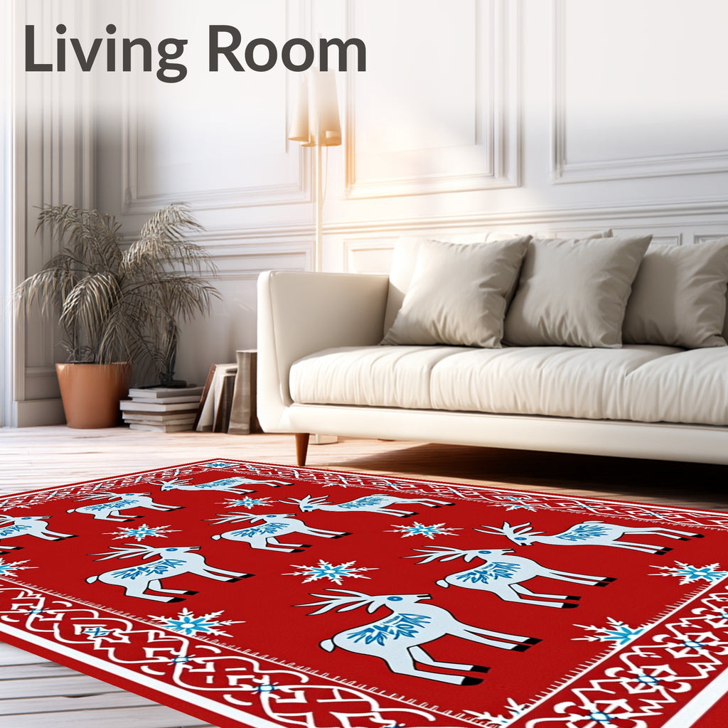 Red White Blue Reindeer Snowflake Border Rug