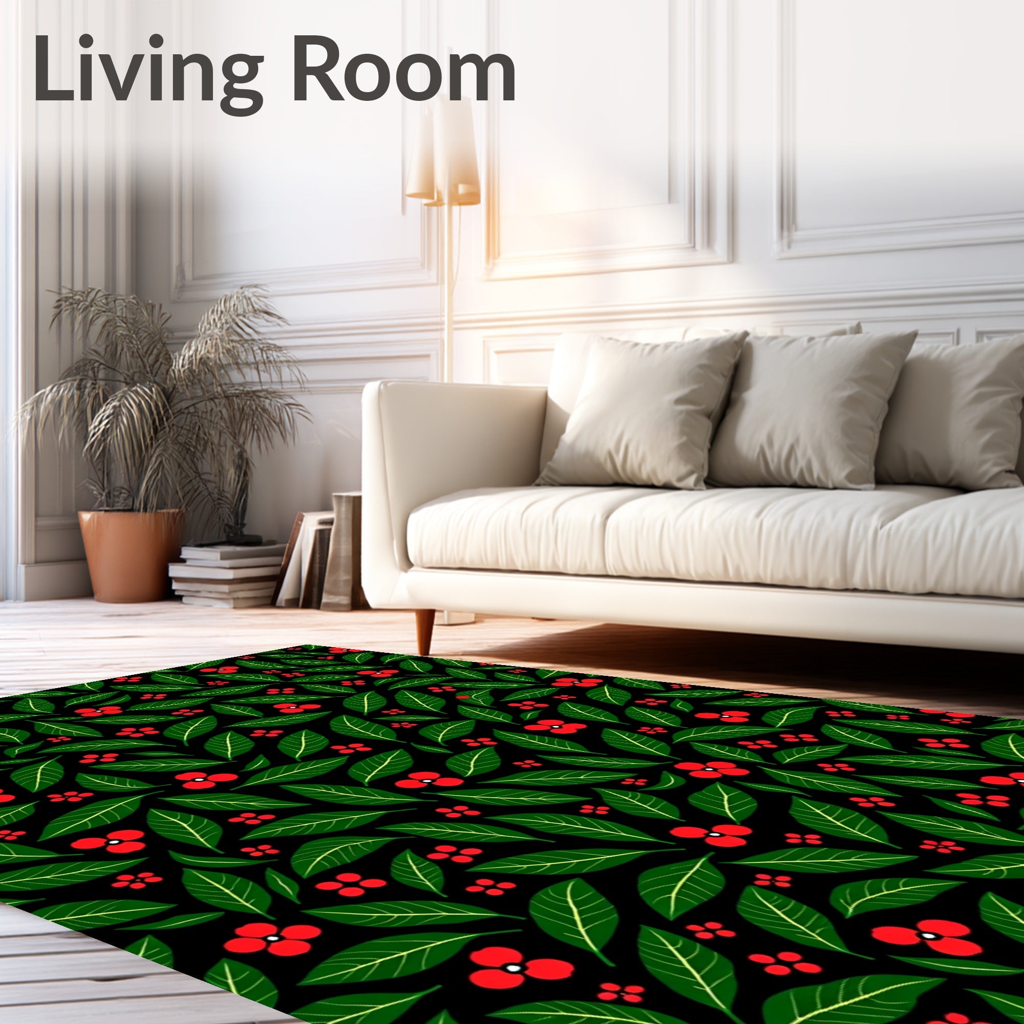 Emerald Green Leaf Red Berry Floral Rug